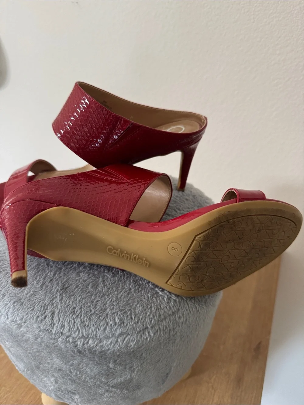 Calvin Klein Red Patent Open-Toe Slingback Heels